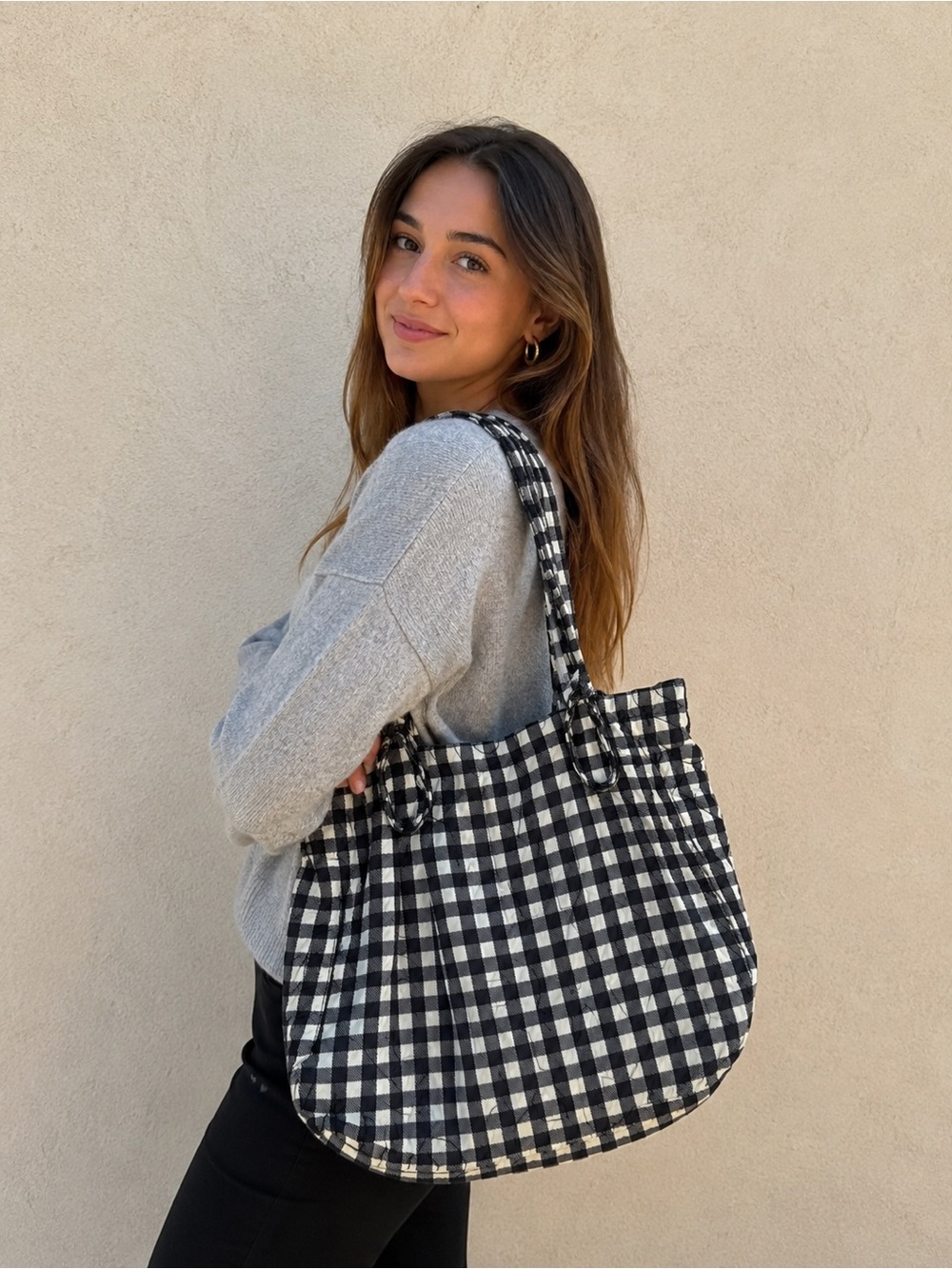 Black & White Gingham Tote Bag - Casual Everyday Shoulder Bag